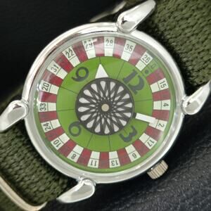 Vintage 1973 Roulette Manual Mens Silver Watch W/Nato Strap & Green accents